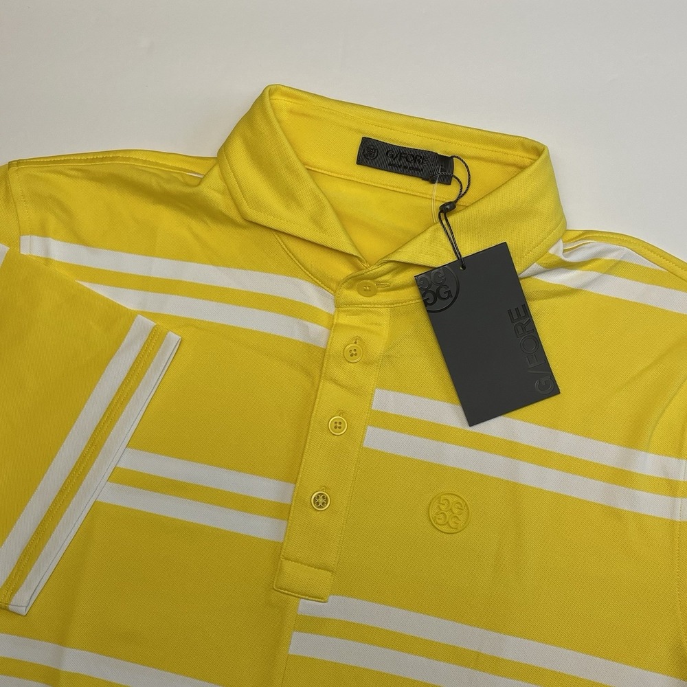 NEW G/FORE Offset Stripe Tech Pique‎ Golf Polo Large Cyber Yellow Spread Collar